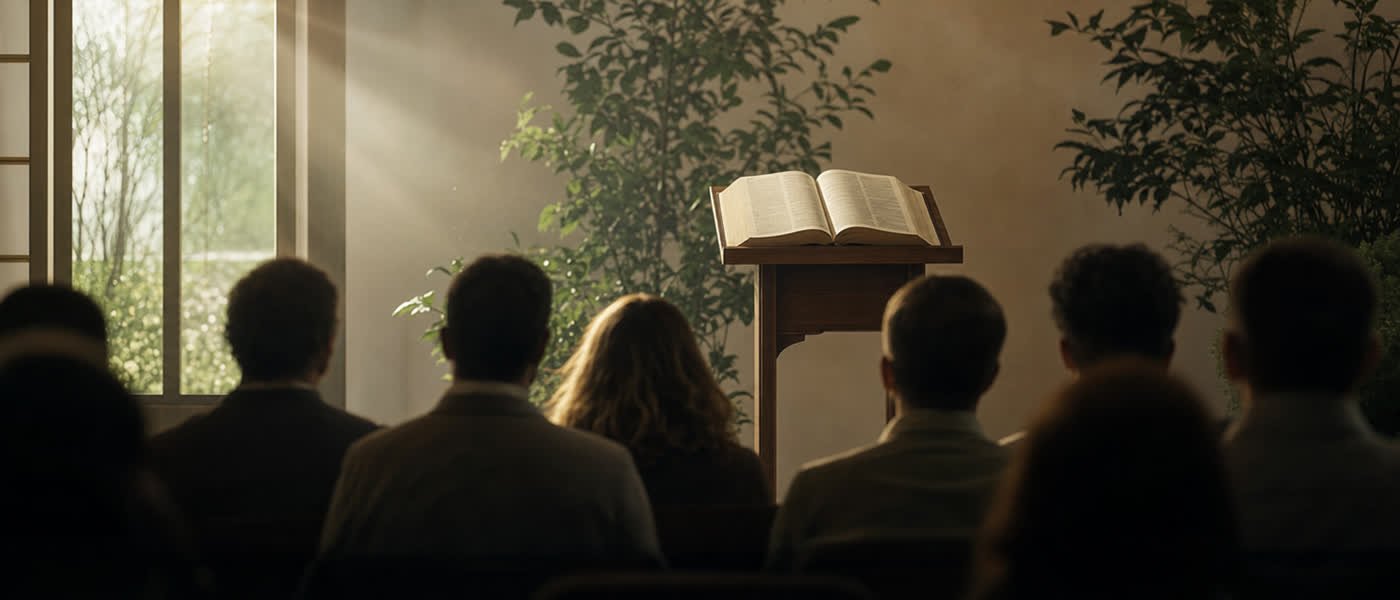 Bible ouverte sur un lutrin — écoute de la Parole